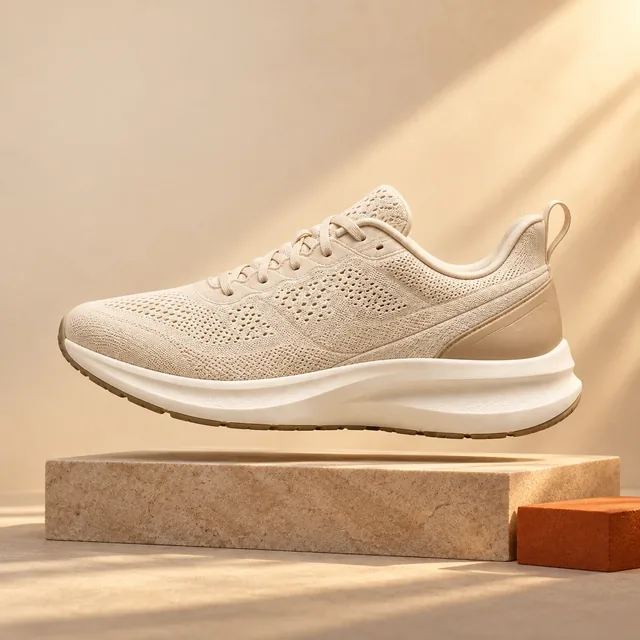 Cream knit running shoe in the warm sandstone Everyday Runner campaign