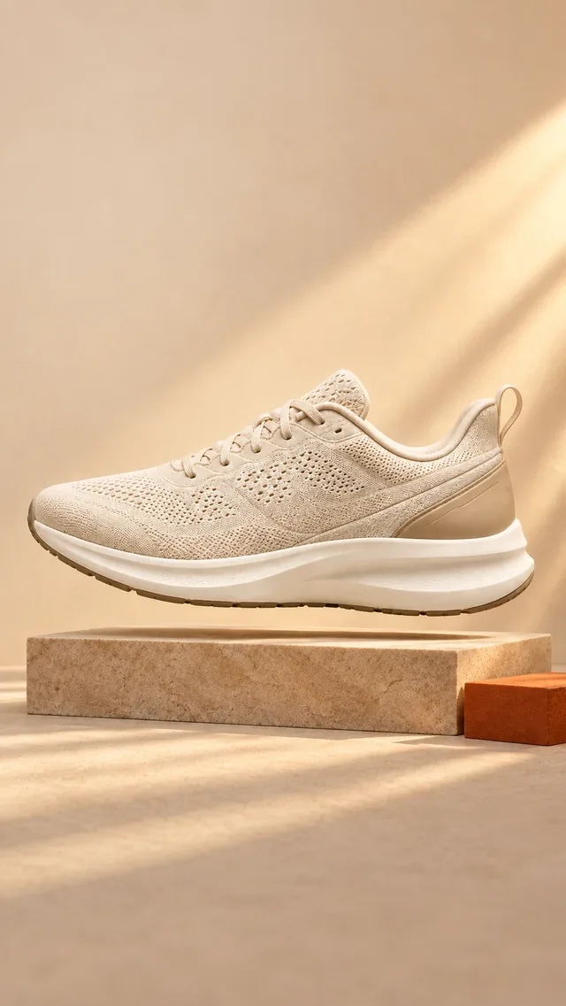 Cream knit running shoe in the warm sandstone Everyday Runner campaign
